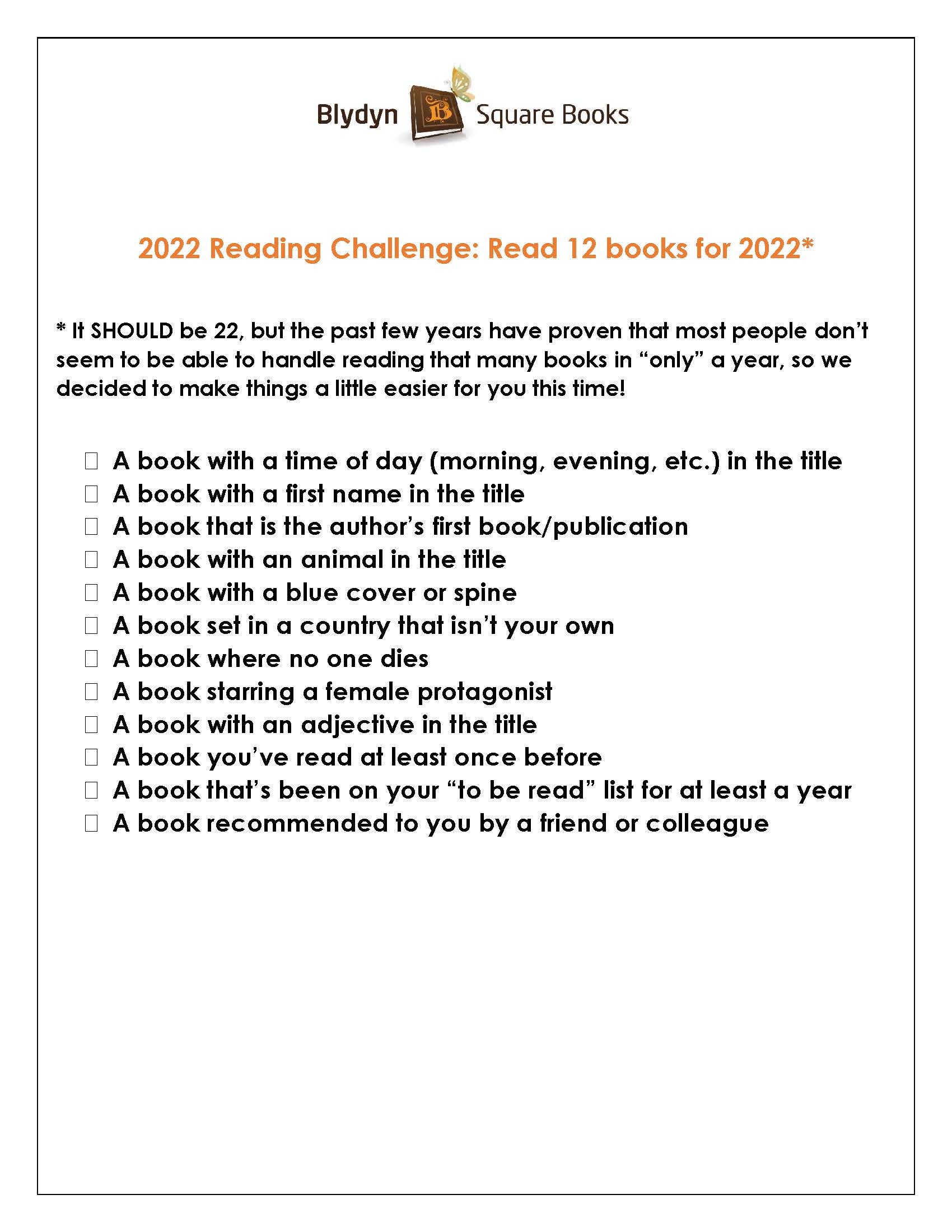 2022 Reading Challenge List – Blydyn Square Books